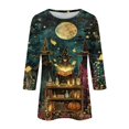 thumbnail image 5 of JoveMarine Halloween Shirts for Women, 3/4 Sleeve Crew Neck with Moon Bat Print, Loose Fit Fall Graphic Tee,Gold S, 5 of 7