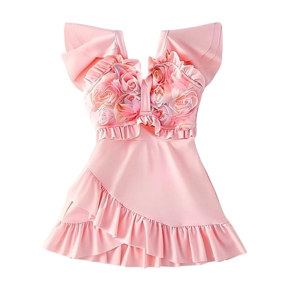 Baby Girl Outfits Floral Print Crew Neck Sleeveless Ruffle Anti-Exposure One-Piece Swimsuit And Bottoms 2 Piece Seaside Girls' Clothing Sets 10 Years-11 Years