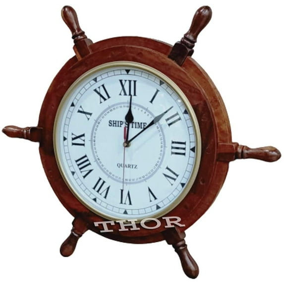 Nautical Collectible Decorative Wooden Ship Wheel Model Ship's Time Quartz Wall Clock 19"