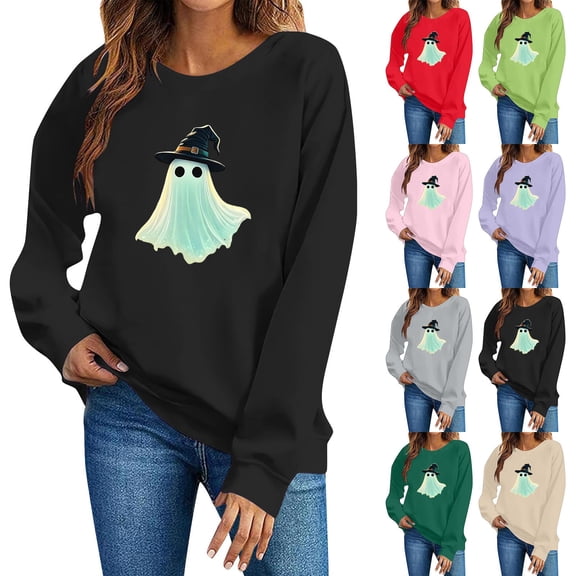 Jsaierl Women's Halloween Sweatshirts Plus Size Ghost Print Pullovers Soft Loose Fit Crewneck Long Sleeve Shirt Tops Halloween Party Supplies, Sizes S-2XL