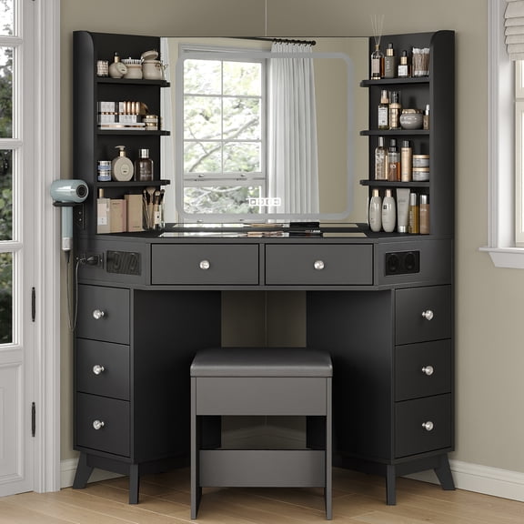 Corner Vanity Desk with Bluetooth Speaker, Modern Makeup Vanity with Mirror and Lights, 3 Color Lighting Modes, 8 Drawers and 6 Shelves Vanity set, Glass Top Dressing Table with Chair for Bedroom