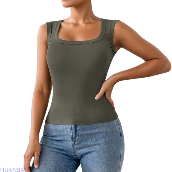 HUANBAI Comfortable Wide Strap Camisole For Everyday Wear Seamless Layering Tank Top With Full Coverage And Soft Stretch Fabric Casual Vest Tops ,Large(Green)