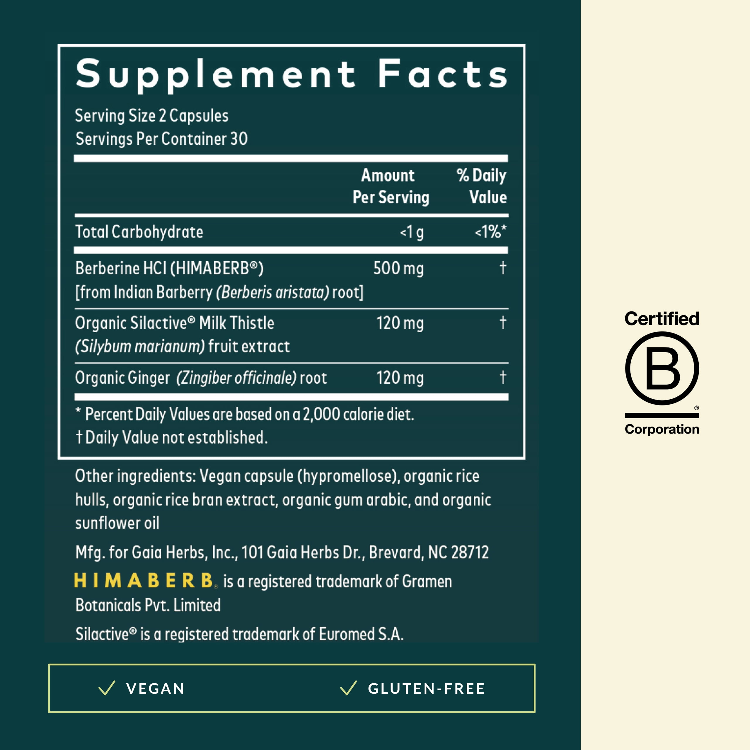 Gaia Herbs Berberine & Milk Thistle - Milk Thistle & Berberine Supplement with Ginger Root - Supports Liver Health* - Vegan, Gluten-Free, Dairy-Free, Non-GMO Project Verified - 60 Capsules