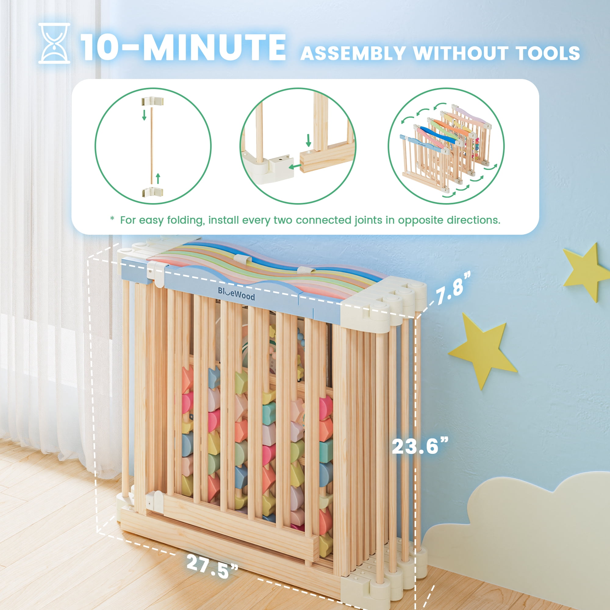 Buballino 8-Panel Baby Safety Fence Set - 100% Solid Pine Wood, 23.2"x23.6" Panels, Freestanding Easy Assembly Play Area Enclosure