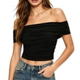 thumbnail image 6 of Favoffer Womens Off Shoulder Tees Irregular Hem Short Sleeve Slim Fitted Casual Tops Fashion Blouses For Street Dating Party Vacation Daily, 6 of 6