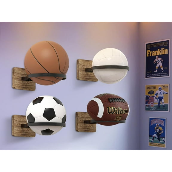 Basketball Holder Wall Mount with Wooden Base, 4 Pcs Ball Storage Holder for Football Basketball Soccer Rugby Display Rack - Boys Sports Accessories Organizer