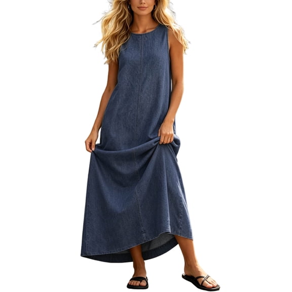 Fewfanhot Summer Dresses for Women Sleeveless Crewneck Maxi Long Vest Shift Dress with Pockets