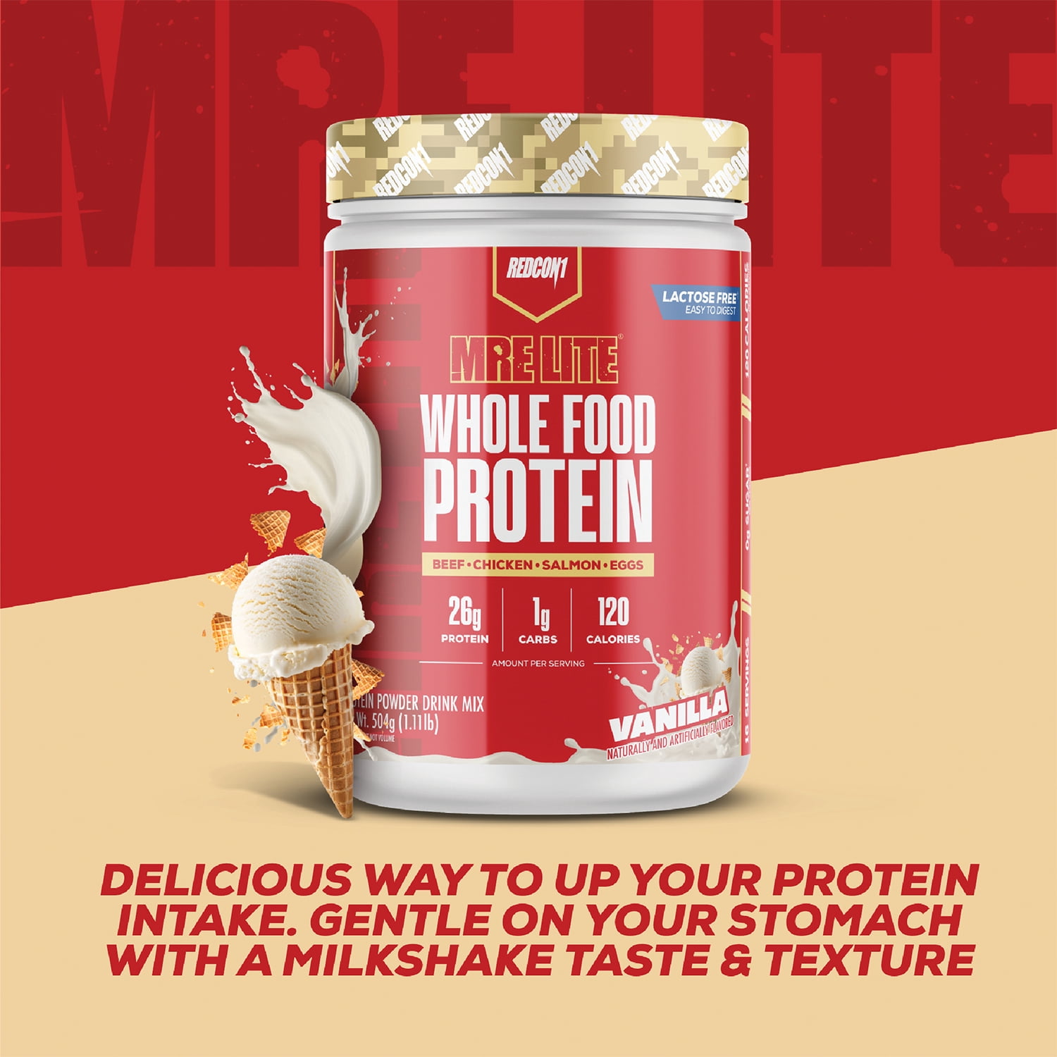 REDCON1 MRE LITE Whole Food Protein Powder, Vanilla, Whey & Lactose Free Meal Replacement, Easy to Digest, 16 Servings