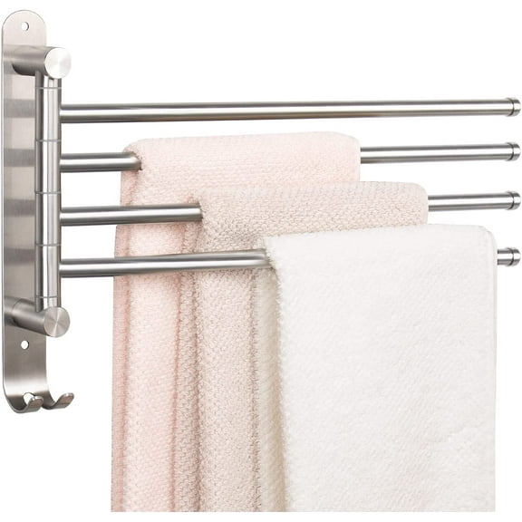 Swivel Towel Rack, Thicken SUS304 Stainless Steel 4-Arm Towel Bar, Space Saving Wall Mounted Towel Holder with Hook, Rustproof Swing Out Towel Hanger for Bathroom, Kitchen (Brushed Nickel)