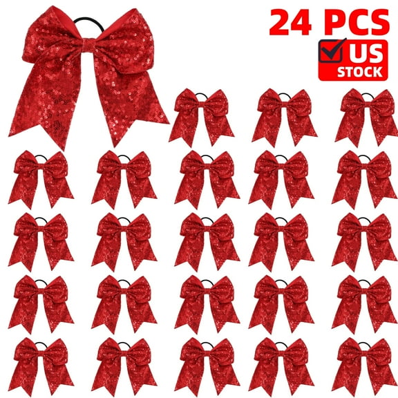 24 PCS 7" Sequin Red Cheer Hair Bows Ponytail Holder Elastic Band Handmade for Cheerleaders Teen Girls College Sports Christmas Chinese New Year Valentine Daily wear