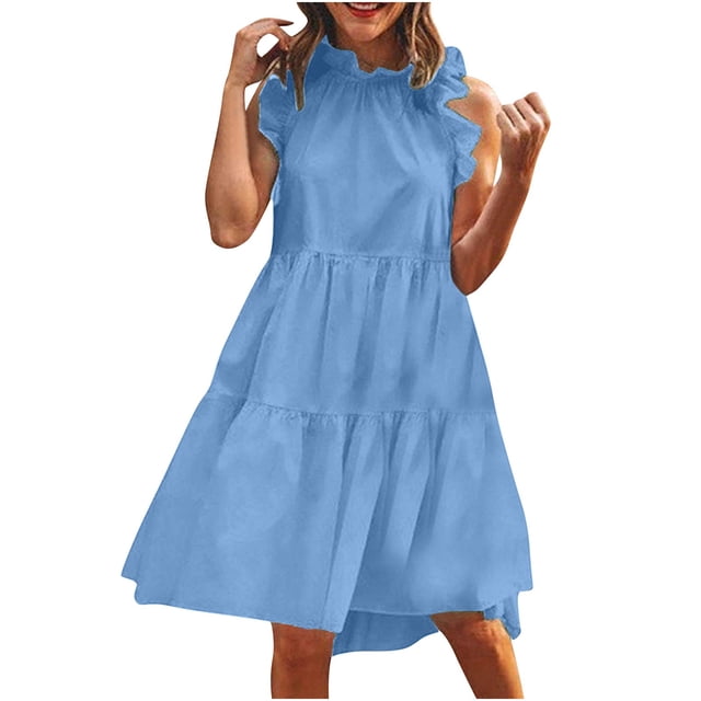 LOVZFMLL Robes d'Été pour Femmes Couleur Unie Mode Décontractée Col Montant Sans Manches Robe Col Rond