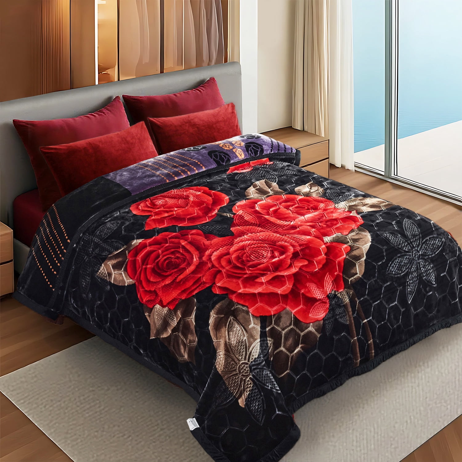 10lbs Heavy Thick A&B Pattern Blanket 2Ply Reversible - Thick Warm Plush Korean Style Bed Blanket, King Size Fleece Plush Blanket, Soft Winter Blanket For Adult 87" x 95", Black Purple & Rose