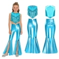 thumbnail image 2 of Aislor Girls 2 Pcs 70s Disco Outfits Metallic Gloss Sleeveless Tassels Top with Split Bell-bottom Pants Dance Outift Blue 10, 2 of 7
