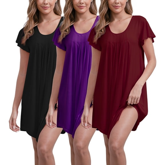 FEREMO 3 Pack Womens Nightgowns Pleated Comfy Nightshirt Short Sleeve Knee Length Loose Sleepwear