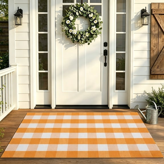 Buffalo Plaid Welcome Doormat, 16"x24" Coloful Plaid Outdoor Rug, Washable Non Slip Rug Layering Doormat for Welcome Door Mat Entryway Dining Room Bedroom Living Room(Orange)