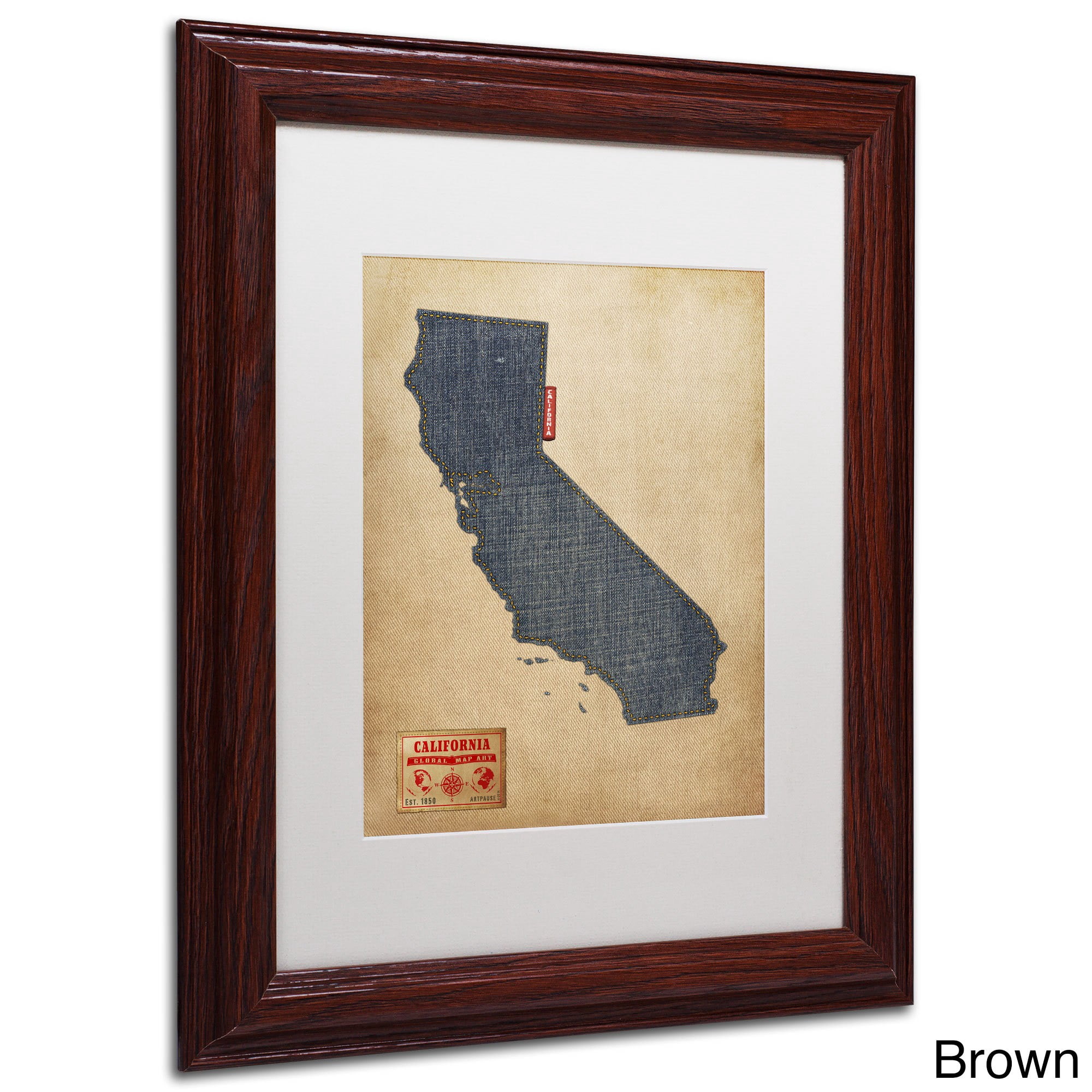 Trademark Fine Art "California Map Denim Jeans Style" Canvas Art by Michael Tompsett, White Matte, Black Frame