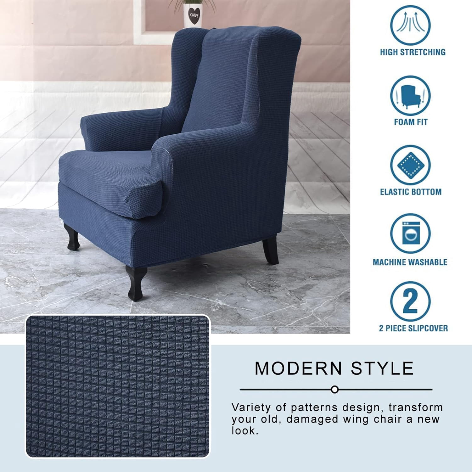 CHUNTIAN Wingback Chair Covers Slipcovers 2 Piece Stretch Wing Chair Covers Spandex Slipcovers Wingback Sofa Covers Armchair Covers Non-Slip Furniture Protector for Living Room Wingback Chairs, A13