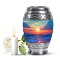 JAGASY Beach Funeral Urn for Sister, Green Small Keepsake Urns for Human Ashes, Ocean Sunset Orange Clouds Decorative Urns for Siblings, Yellow Miniature Urn for Brother, (3 Inch)