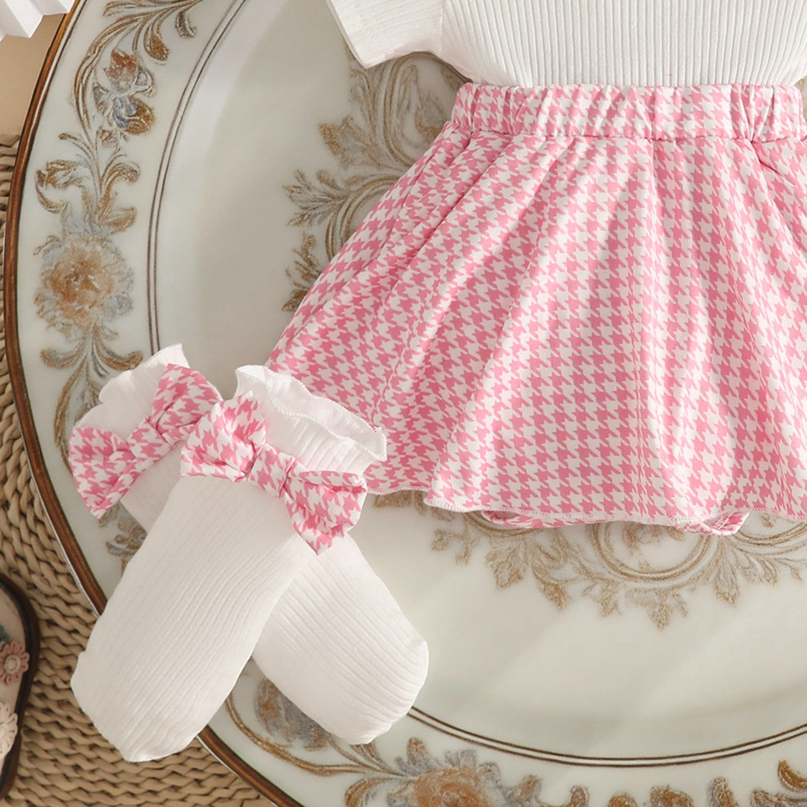 Faraee Newborn Baby Girl Clothes Smocked Bubble Romper Dress Socks Headband Cute Summer Infant Girls 3 Piece Outfits (9-12 Months,Pink)