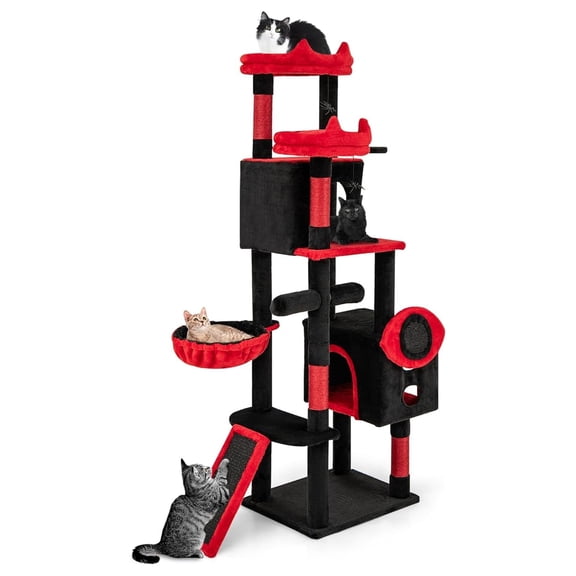 62 Inch Gothic Cat Tree Tower, Multi-Level Cat Tree with Sisal Scratching Posts, Black & Red, Indoor Cat Condo with Spider Toys