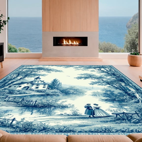 ODIKA 4'x6' Machine Washable Non-Slip Area Rug, Toile De Jouy Pastoral Romance High Traffic Rug, Blue, 186766