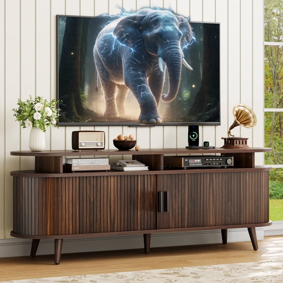 GUNAITO TV Stand for TVs up to 70", Wood TV Stand for Living Room , Entertainment Center with Storage and Shelves, Mid-Century Modern, Walnut