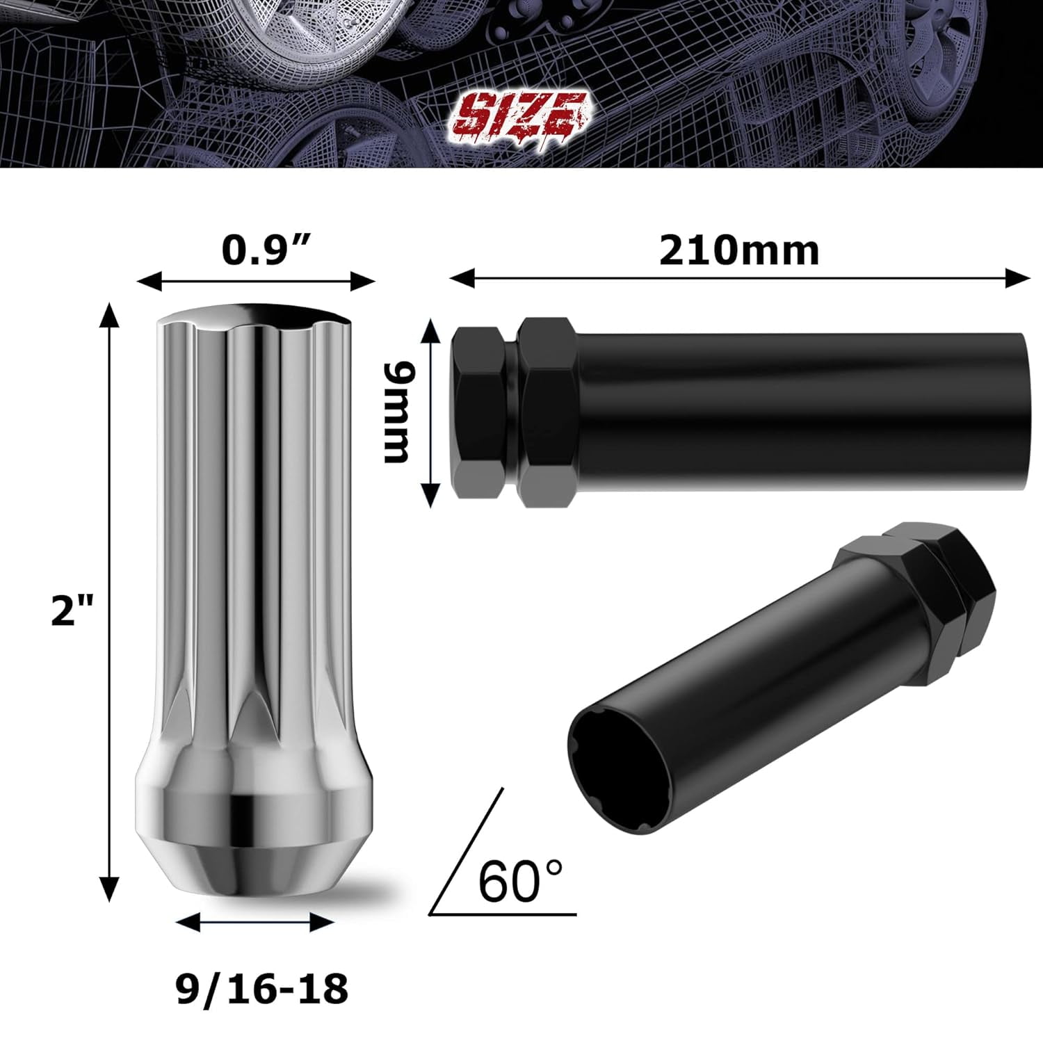 9/16-18 Lug Nuts for 1994-2010 Ram 2500 3500, 2002-2010 Ram 1500, 1988-1998 F250 F350, 32PCS Closed End Long Extended 7 Spline Chrome Lug Nuts 9/16x18 with Socket Key for 8 Lug Aftermarket Wheels