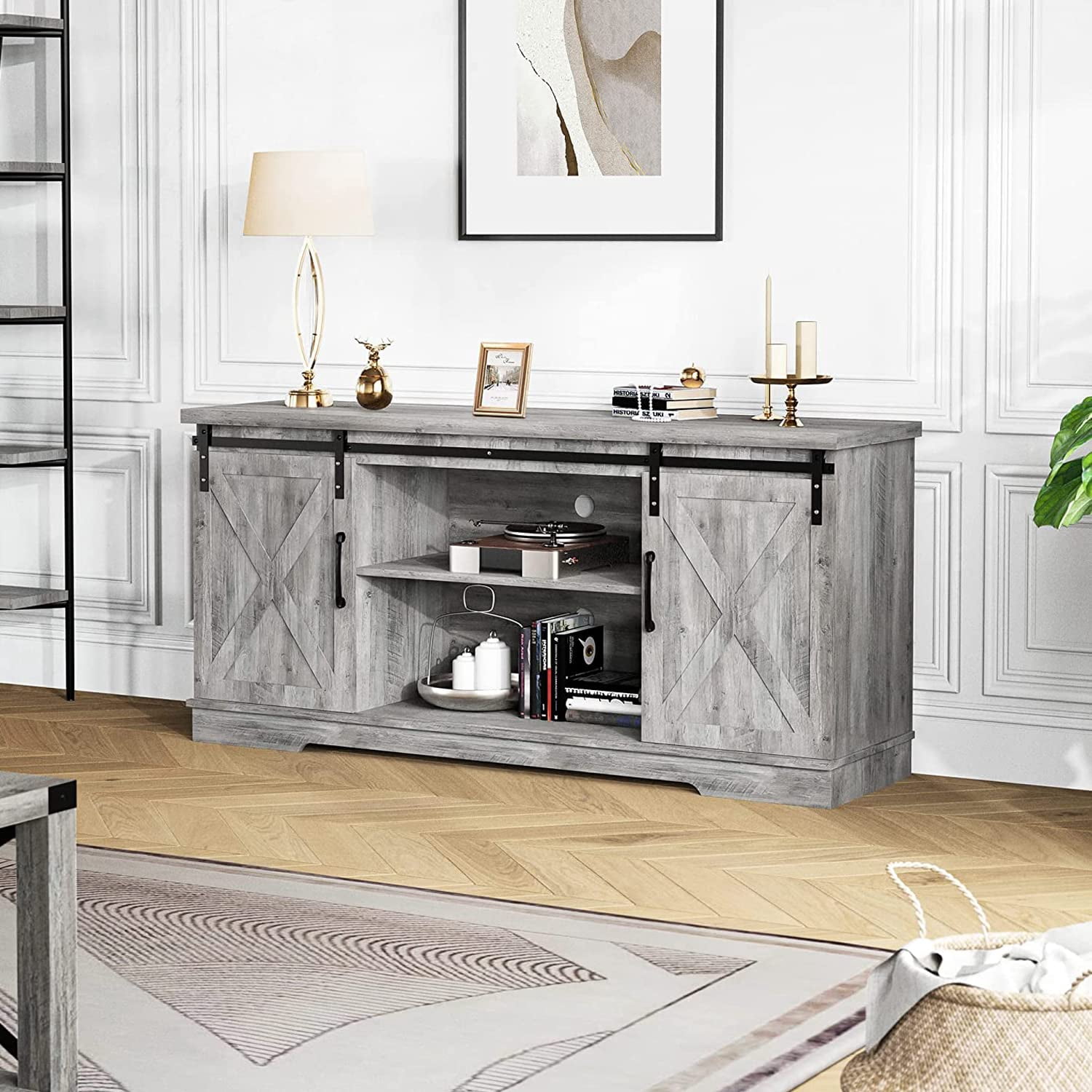 DSstyles Farmhouse TV Stand for 65 inch TV, Farmhouse Entertainment Center, Sliding Barn Door TV Stand, 58 inch TV Console Table, Home Living Room Wood TV Stand with Movable Shelf