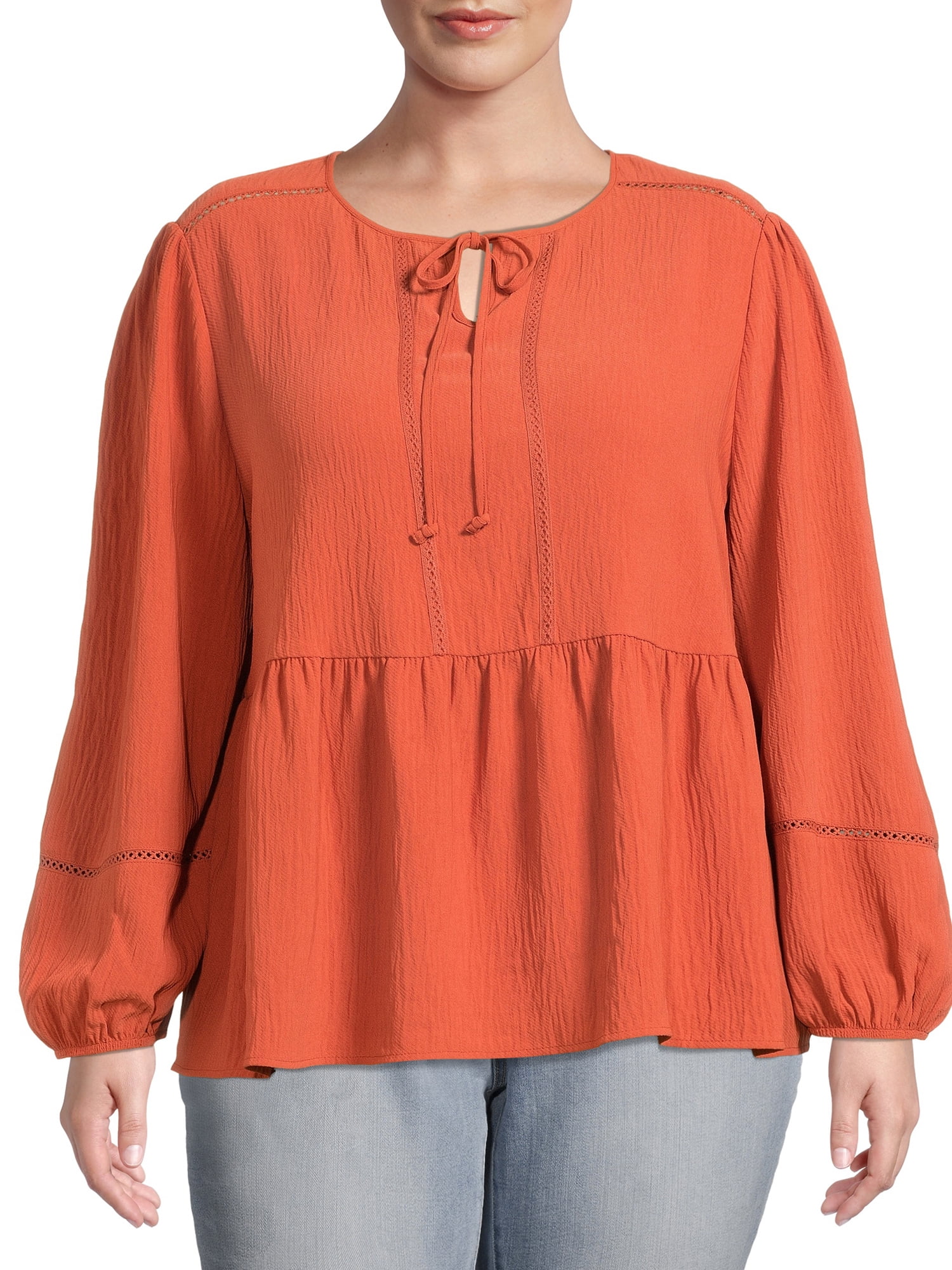 Como Blu Women's Plus Size Peasant Blouse with Long Sleeves