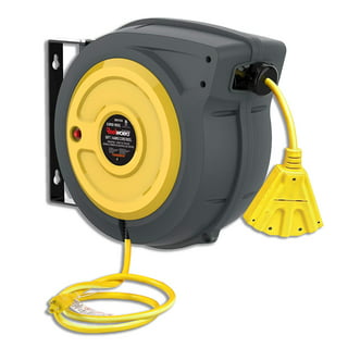 SuperHandy Industrial Retractable Extension Cord Reel - 14AWG x 100' ft, 3 Grounded Outlets, Max 13A