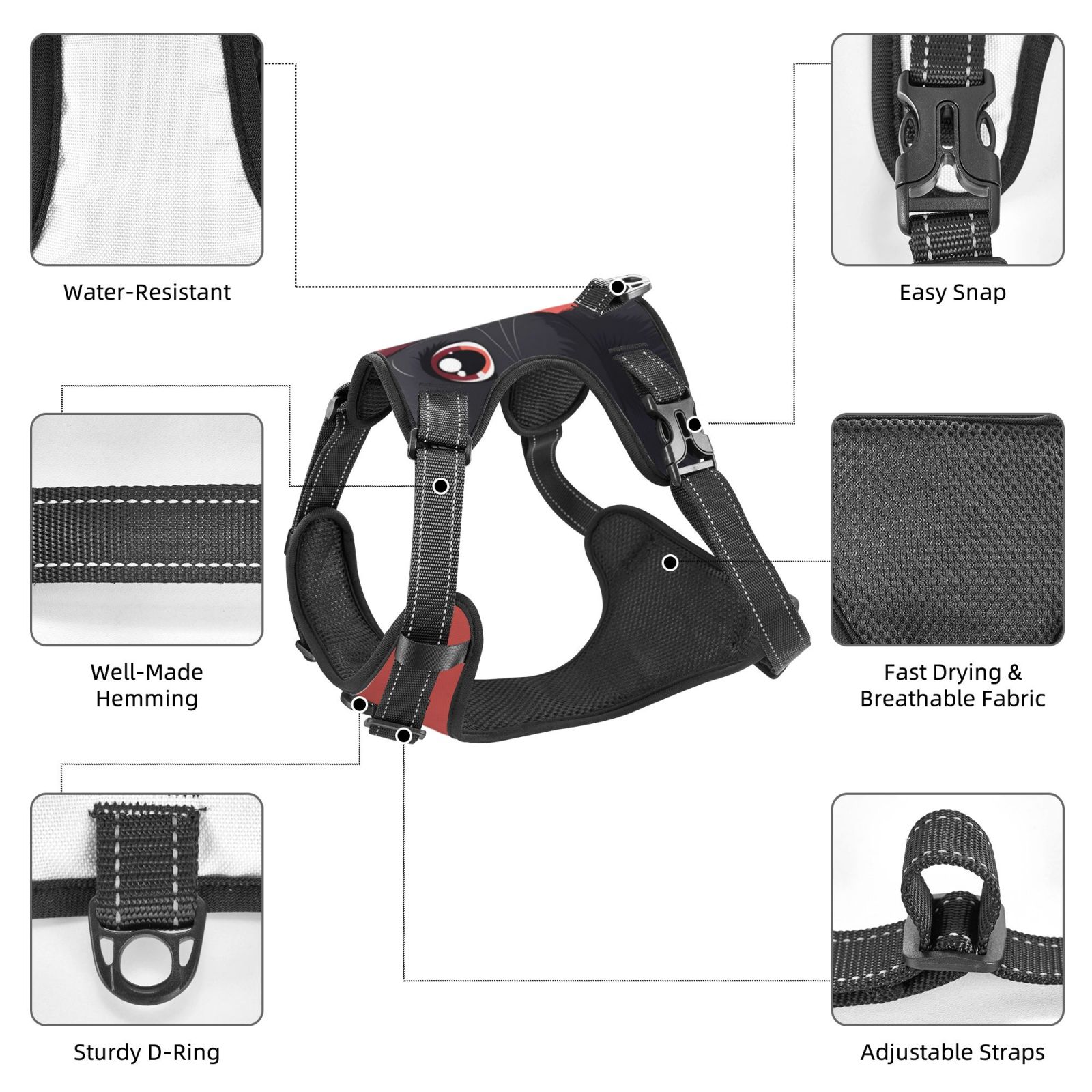 Kdxio Cute Black Kitten Cartoon Print No Pull Dog Harness Adjustable Reflective Oxford Easy Control Medium Large Dog Harness for Training and Everyday-Medium
