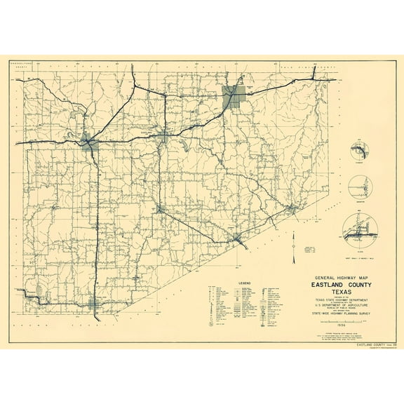 Historic County Map - Eastland County Texas - Highway Department 1936 - 23 x 31.53 - Vintage Wall Art