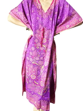 Mogul Women Pink Purple Floral Print Maxi Caftan Beach Loose Summer Comfy Dresses 2XL