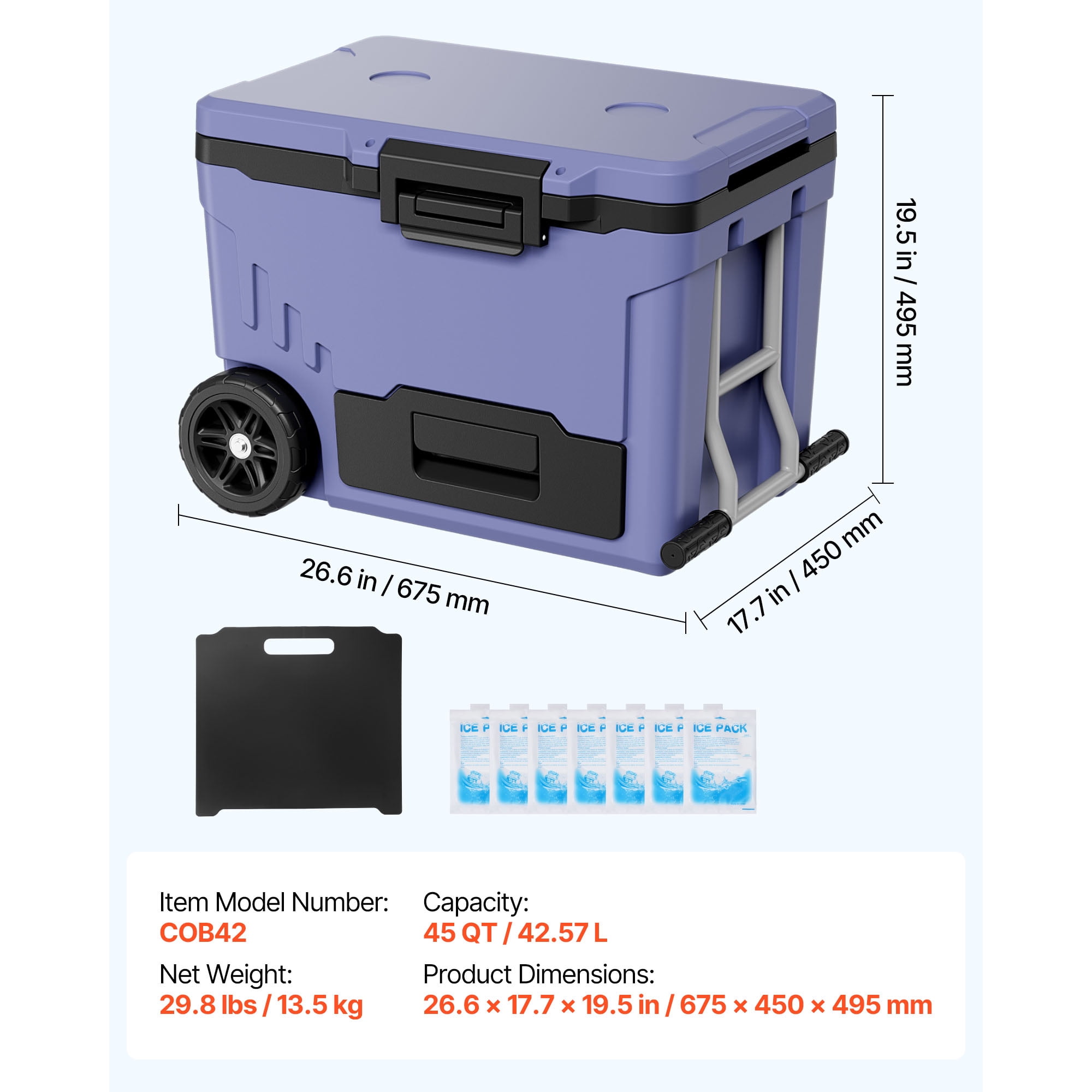 KFFKFF Hard Cooler, 45QT Portable Rolling Cooler with Wheels, Leak-Resistant Coolbox Keeps Contents Cool for 48 Hours, Ice Retention Insulated Chests, Ultra-Light for Outdoor Picnics, Grill, Camping