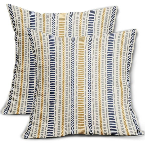 Blue Yellow Boho Striped Pillow Covers 18X18 Inch Set of 2, Navy Yellow Grey Gray Herringbone Print Pattern Decorative Throw Pillow Covers Outdoor Farmhouse Cushion Case Couch Sofa Bed Decor