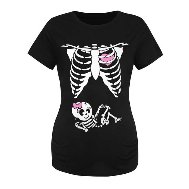 Hauts de Maternité d'Halloween pour Femmes, T-Shirt de Grossesse à Imprimé Amusant, Coupe Confortable Extensible pour Tenue Décontractée, Col en V, Manches Courtes, Tunique Froncée sur le Côté