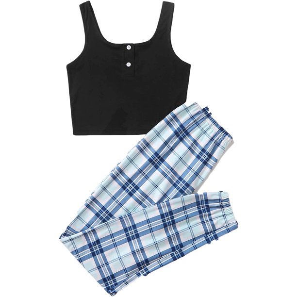Conjunto de pijama de 2 piezas sin mangas con botones frontales y pantalones a cuadros para mujer Multi color M Multi color M Xishao ropa