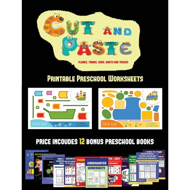 printable preschool worksheets printable preschool worksheets cut and paste planes trains cars boats and trucks 20 full color kindergarten cut and paste activity sheets designed to develop visuo perceptive skills in preschool children