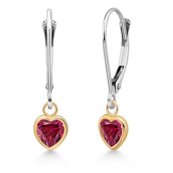 Gem Stone King 925 Sterling Silver and 14K Yellow Gold Red Zirconia Drop Dangle Earrings for Women (0.88 Cttw, Heart Shape 5MM)