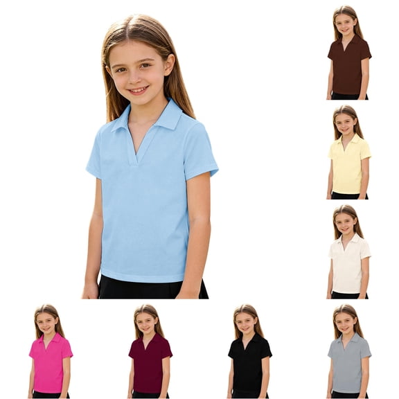 lnmuld Girls V Notch Collar Short Sleeve Polo Shirt Back to School Uniform Basic Solid Color Slim Fit Casual Top 9-10 Years,Light Blue