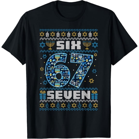 Six Seven 67 Hanukkah Chanukah Dreidel Ugly Sweater Style T-Shirt- American fashion hot selling casual retro high quality 100% cotton T-shirt 1 piece