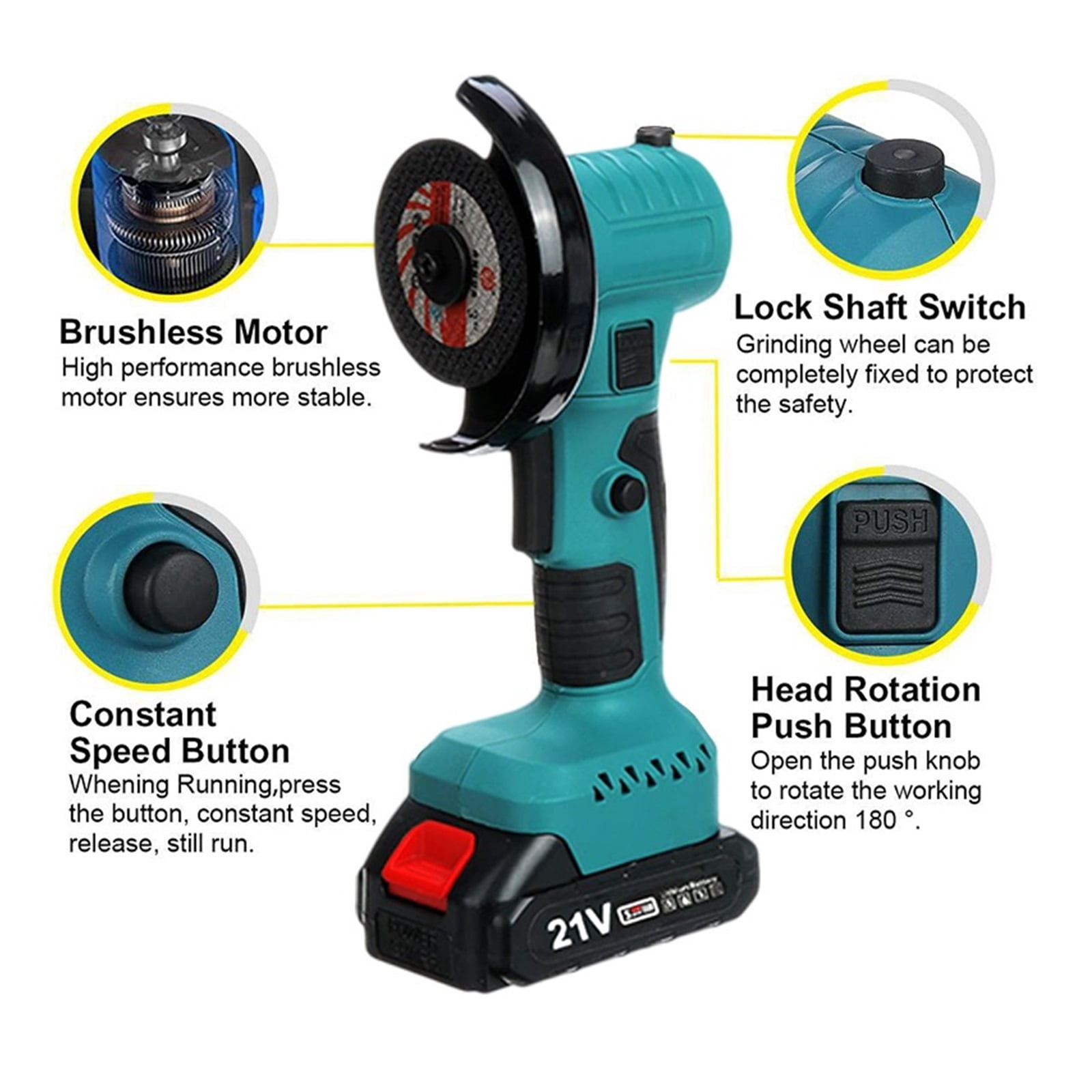 21V Brushless Mini Electric Angle Grinder Rechargeable Angle Grinder 180° Rotation Polishing Machine for 18V Battery