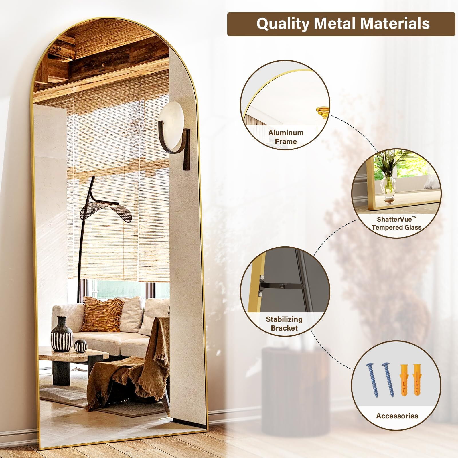 Lumora 65"x24.5" Arched Full Length Mirror Free-Standing Wall Mounted Floor Mirrors, Gold