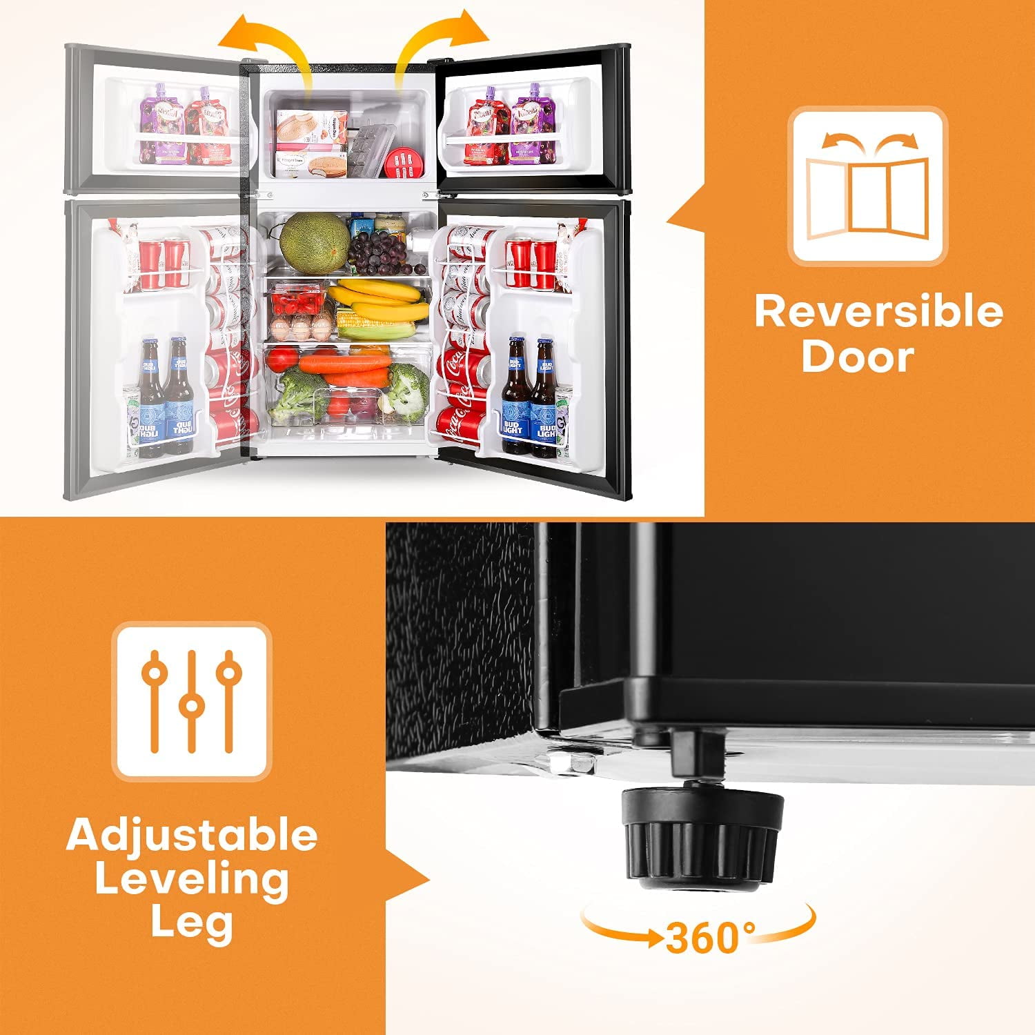 Upstreman Double Door Mini Refridgerator, Jet Black