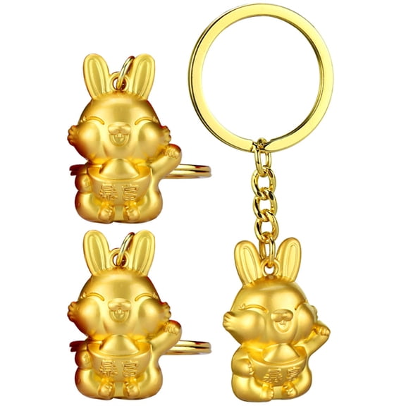 LULULION 3Pcs Golden Rabbit Keychain Bag Pendant Durable Metal Lucky Key Ring Decor