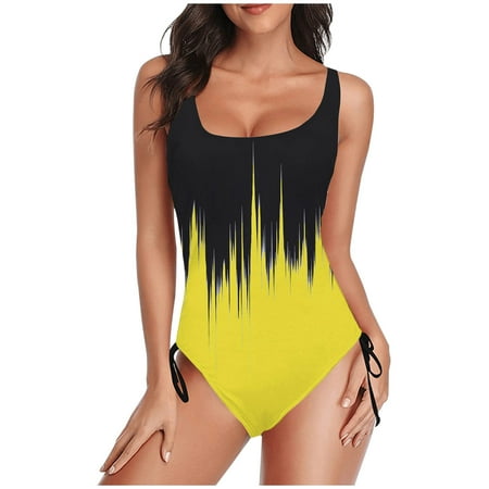 TrendVibe365 Slimming Swimsuits for Women Yellow One Piece Bathing Suits Thong Adjustable Shoulder Strap Gradient Swimwear Beachwear M