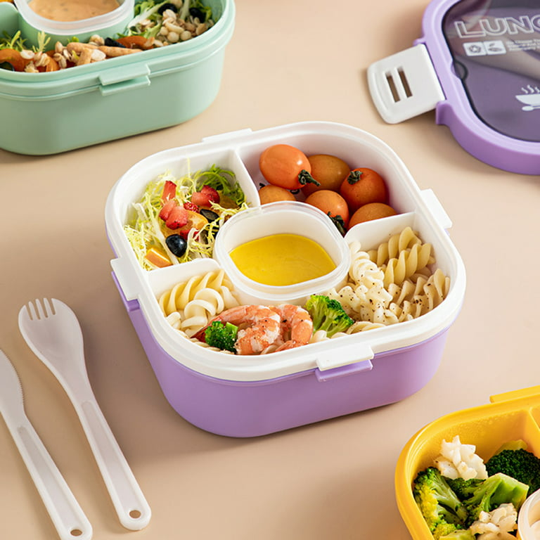 Yesbay 1 Set 1200/1700ML Lunch Box with Spoon Fork Grid Design Double Layer  Food Preservation Microwave Safe Buckle Design Salad Container 