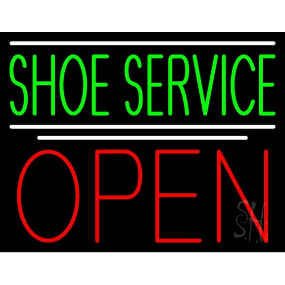 Green Shoe Service Open LED Neon Sign 15 x 19 - inches, Black Square Cut Acrylic Backing, with Dimmer - Bright and Premium built indoor LED Neon Sign for store interior Décor, Storefront.