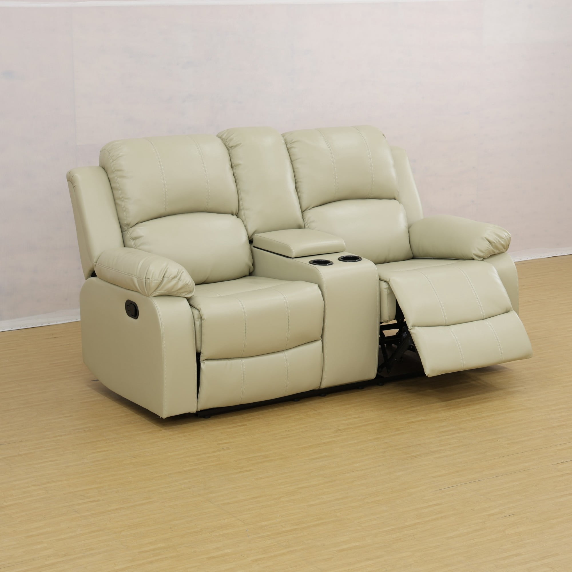 Gewnee Beige Loveseat with Console & Cup Holders, Air Leather & High-Elastic Sponge, Adjustable Recline, Perfect for Living Rooms