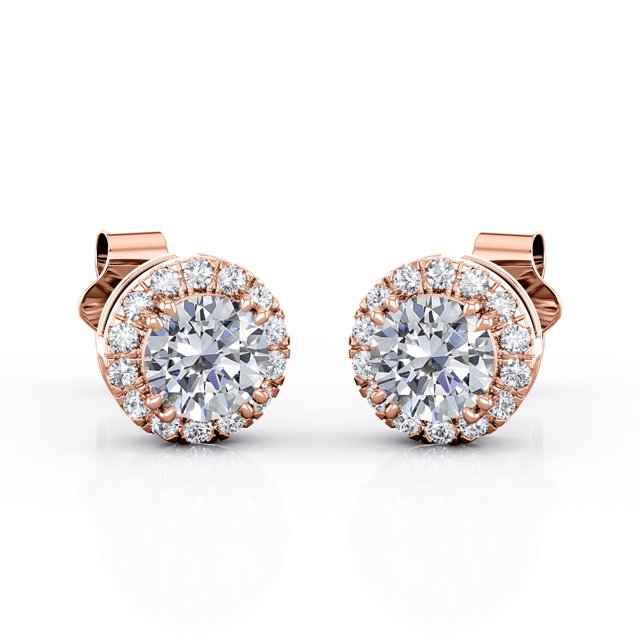 JeenMata Aros con Halo de Moissanita de Corte Redondo de 2,2 Quilates Engastados con 4 Puntas en Baño de Oro Rosa de 18 K sobre Plata